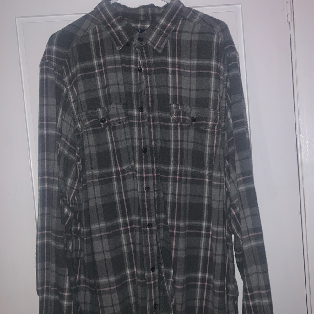 George 2xl grey pink white plaid shirt